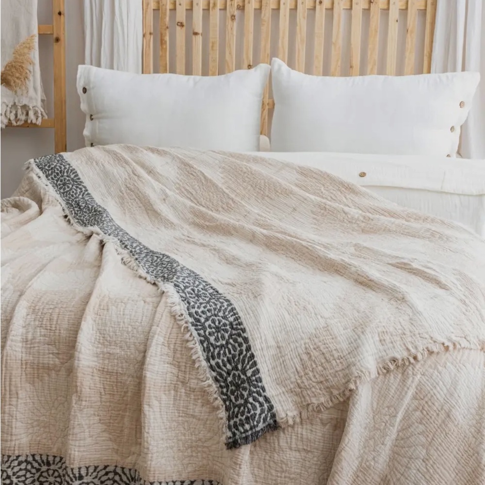 Modern Birds in Flight Cranes Woven Organic Cotton 2 Sides FLiPSiDE Tan + Cream